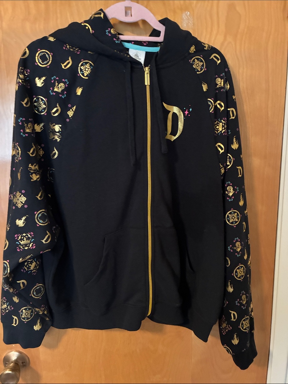 Disney Black Hoodie with Gold Zip and signature letters XL